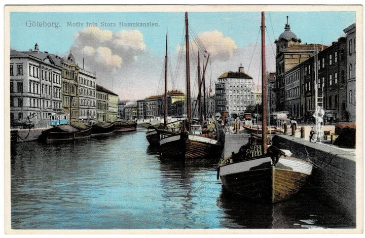 1932 Boats in Great Harbor Canal Sweden Postcard