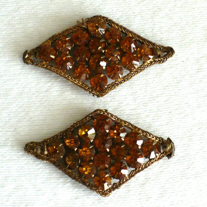 1930s Pair Topaz Rhinestones & Bronze Bullion Appliques