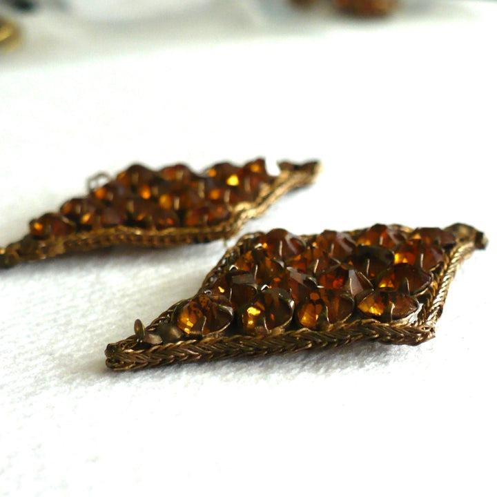 1930s Pair Topaz Rhinestones & Bronze Bullion Appliques