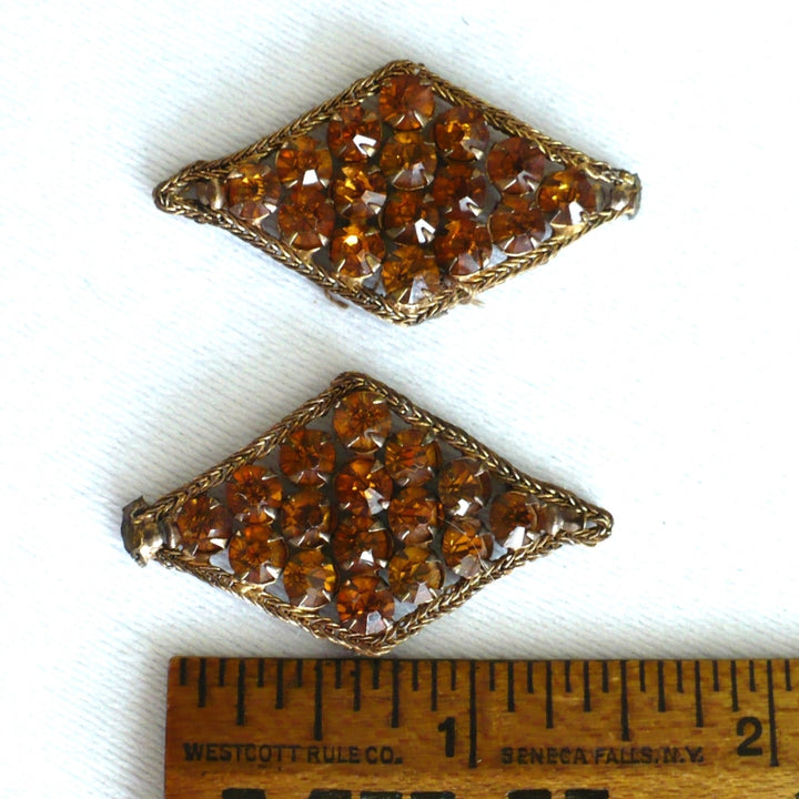 1930s Pair Topaz Rhinestones & Bronze Bullion Appliques