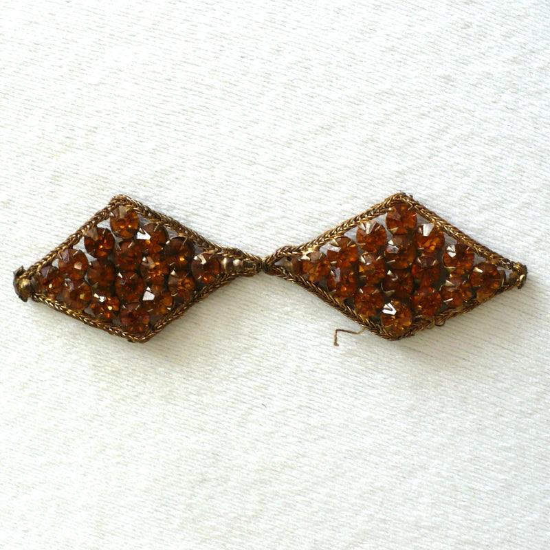 1930s Pair Topaz Rhinestones & Bronze Bullion Appliques