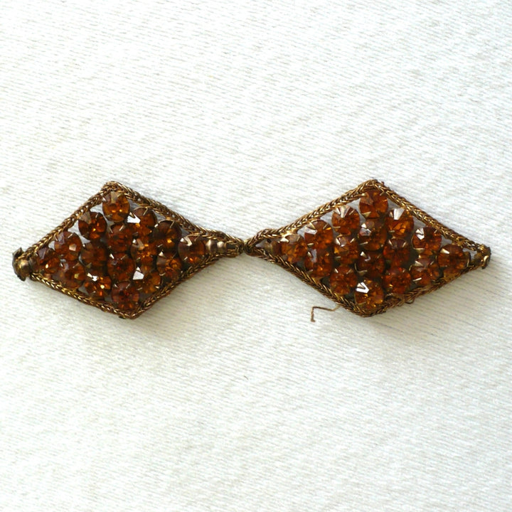 1930s Pair Topaz Rhinestones & Bronze Bullion Appliques