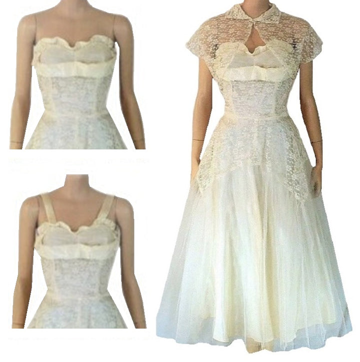 1950s Jacketed Lace Prom Dress Medium