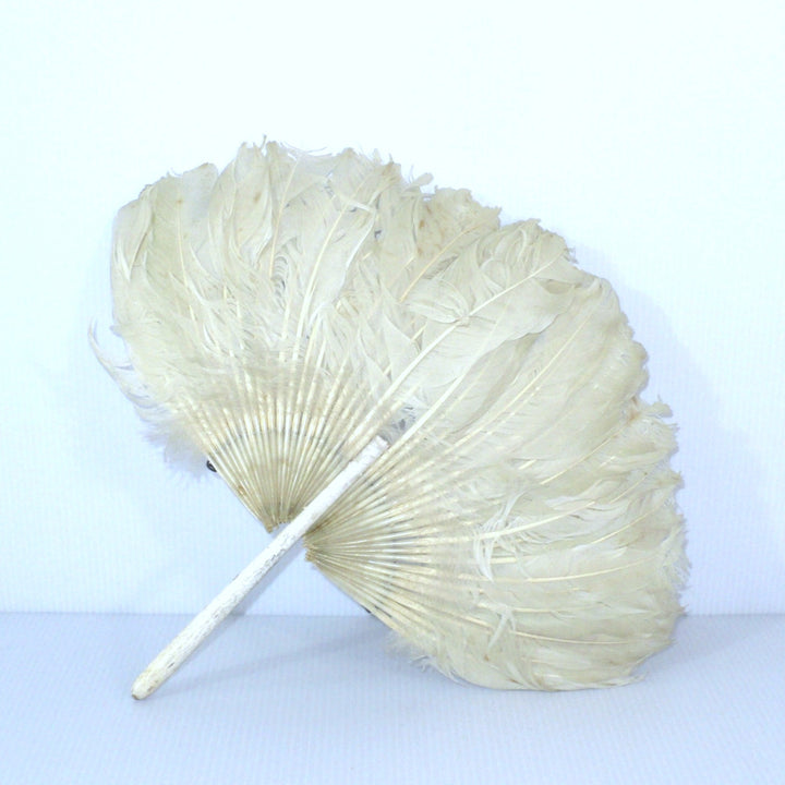 Antique 1910s Zhuge Liang Yu-Shan White Feather Fan Bamboo Stem Handle.