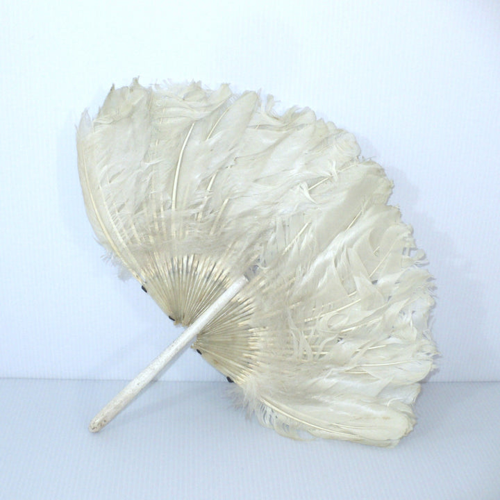 Antique 1910s Zhuge Liang Yu-Shan White Feather Fan Bamboo Stem Handle.