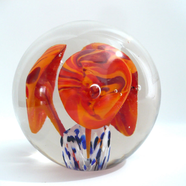 Mid-Century Flamingo Flower Bouquet Vintage Art Glass Paperweight