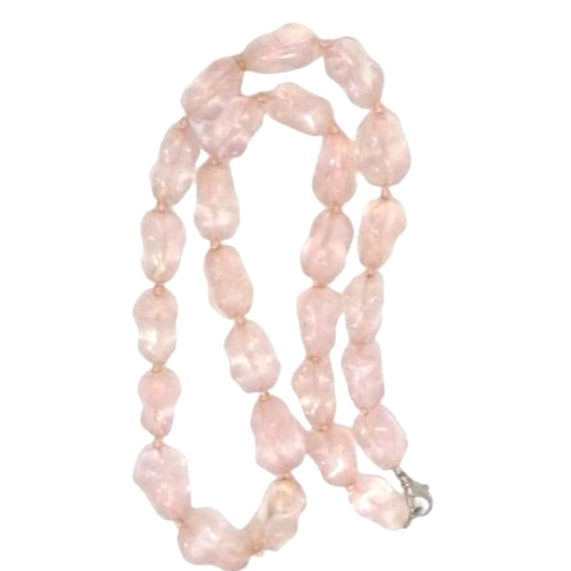 1980s Rose Quartz Nugget Bead Necklace – Hand-Knotted, Matinee Length, Stone of Love and Healing.