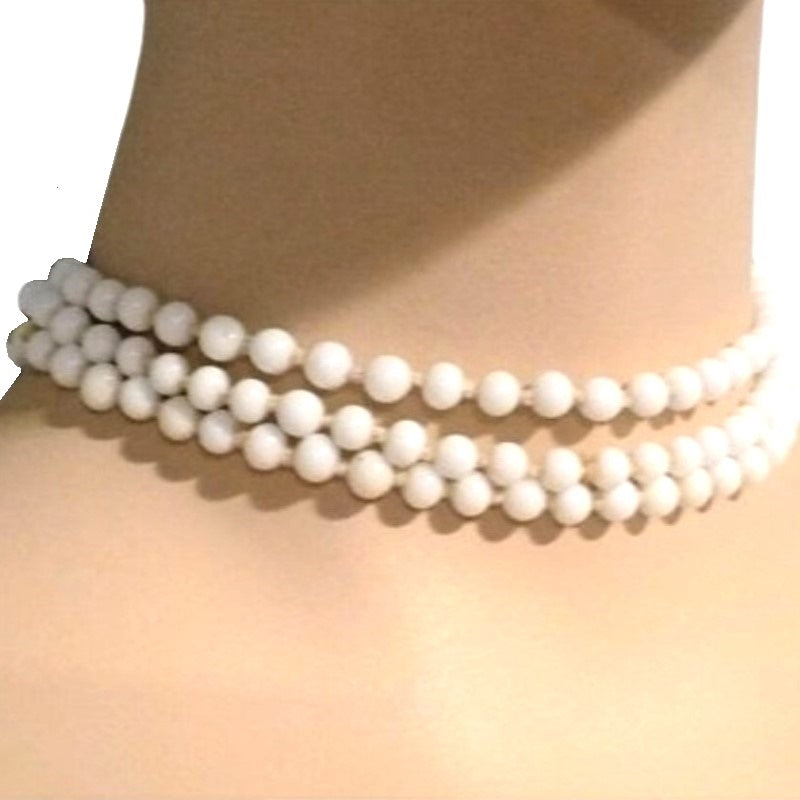 1950s Vintage Milk Glass Necklace Bridgerton Multi-strand Choker.