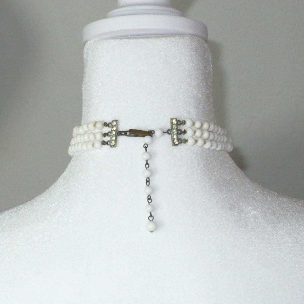 1950s Vintage Milk Glass Necklace Bridgerton Multi-strand Choker.