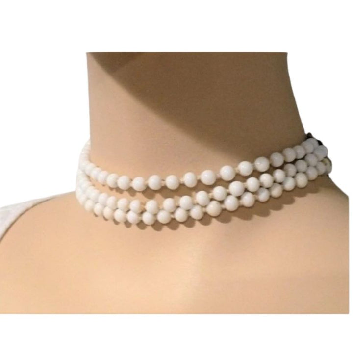 1950s Vintage Milk Glass Necklace Bridgerton Multi-strand Choker.