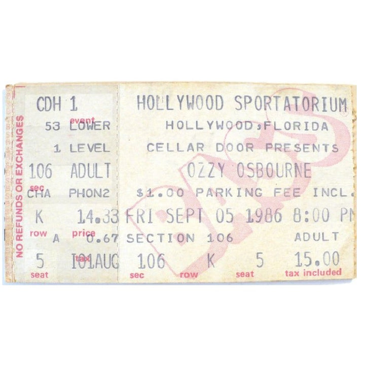 Ozzy Osbourne Ultimate Sin Tour Ticket 1986