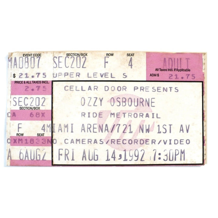 Ozzy Osbourne No More Tours Tour Ticket 1992