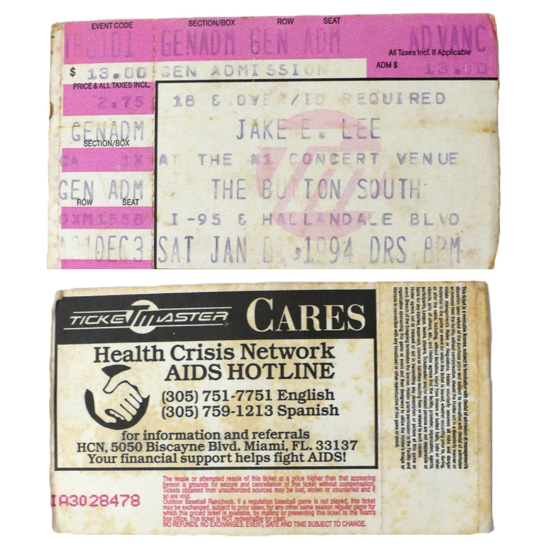 Jake E. Lee Shirt & Fine Pink Mist Tour Ticket Stub 1994