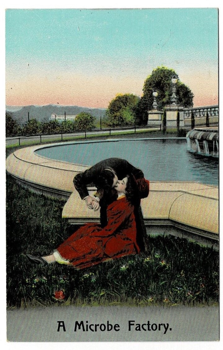 1915 Microbe Factory Kissing Postcard