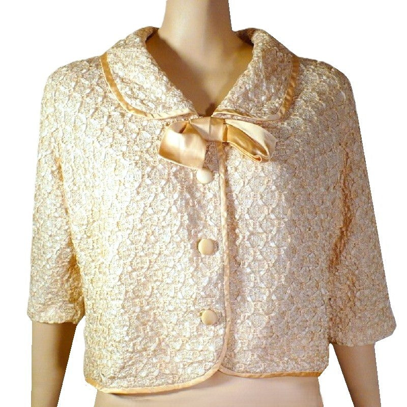 1960s Vintage Blush White Ribbonwork Bed Jacket .