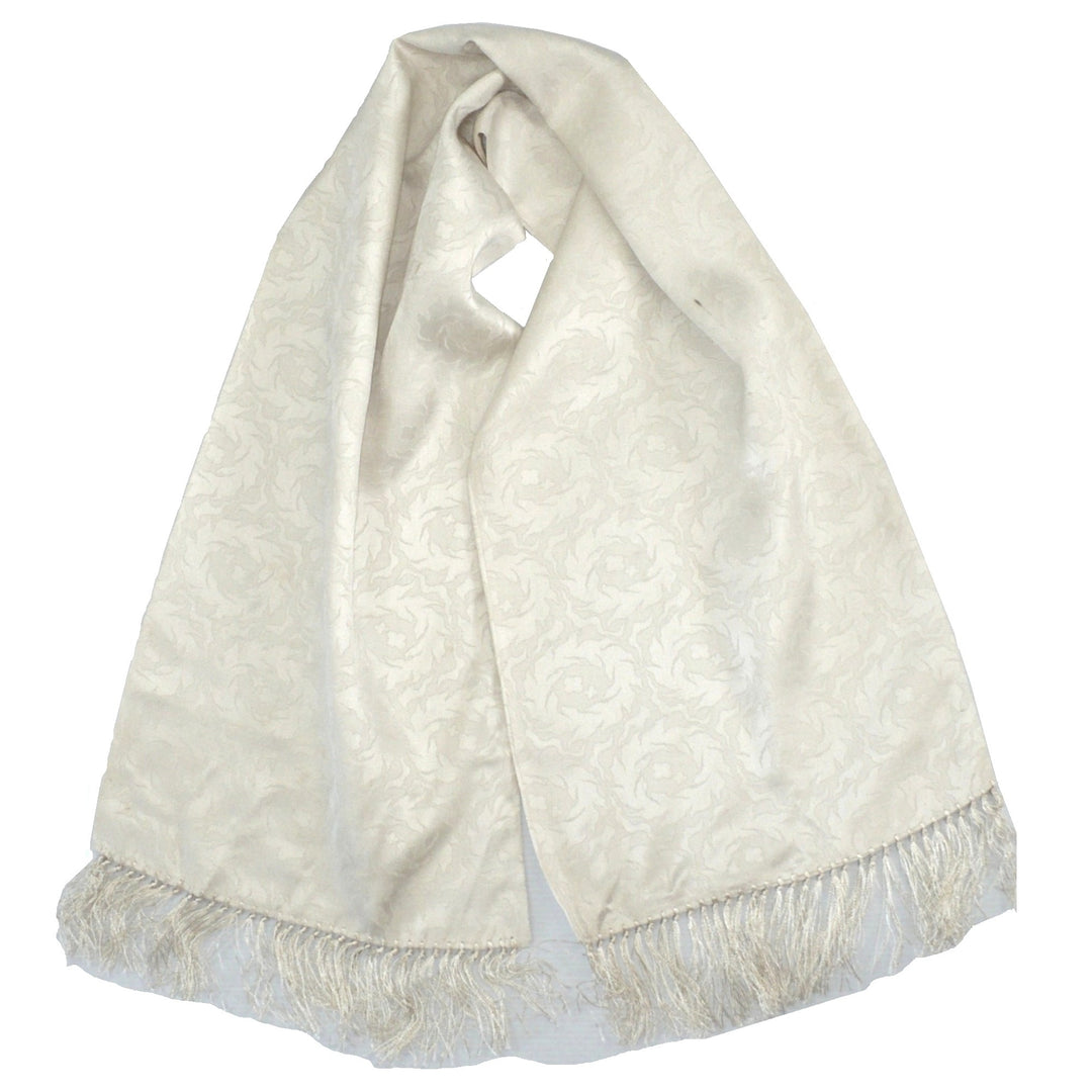 1930s Vintage Men's White Silk Jacquard Opera Scarf with Fringe.