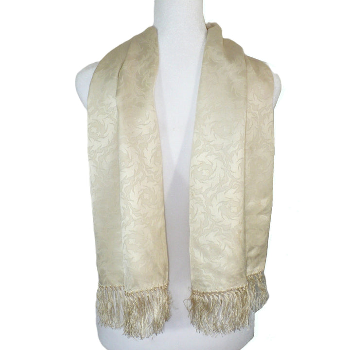 1930s Vintage Men's White Silk Jacquard Opera Scarf with Fringe.