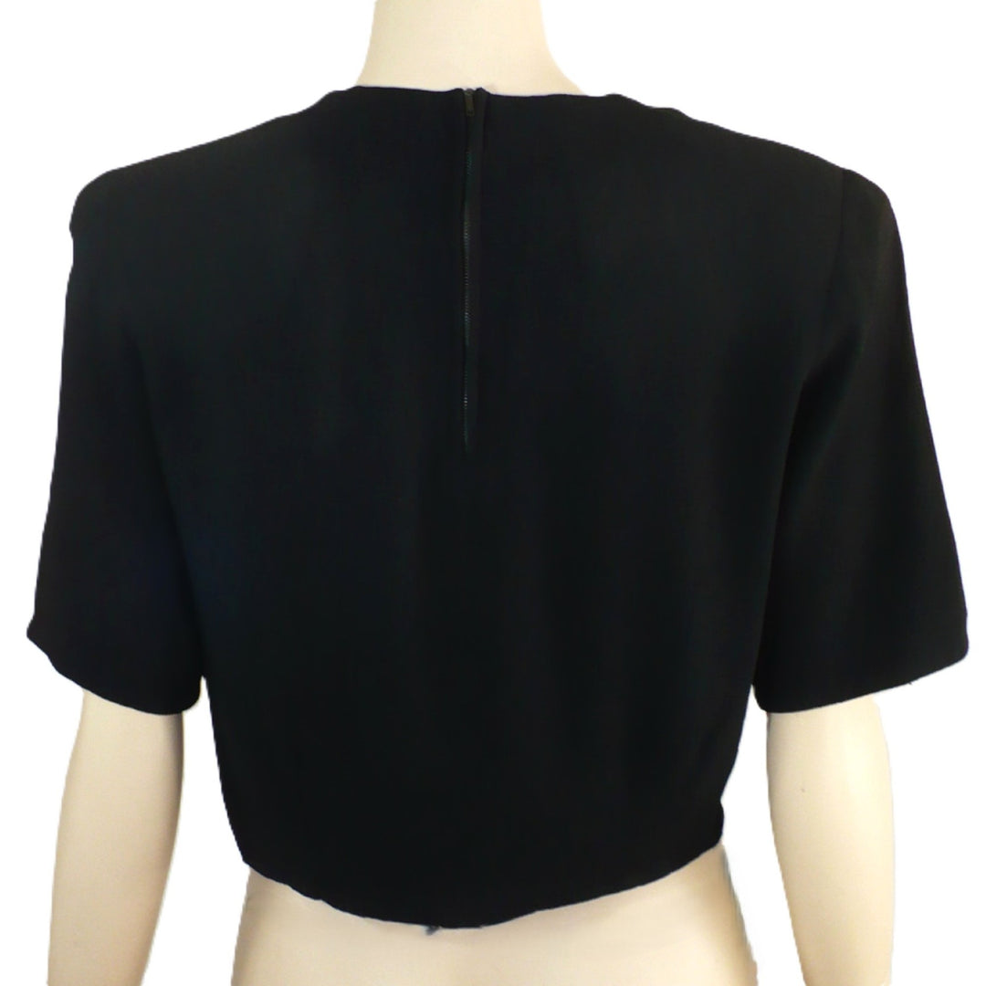 1940s Vintage Black Pebble Crepe Top Blouse With Shoulder Pads.