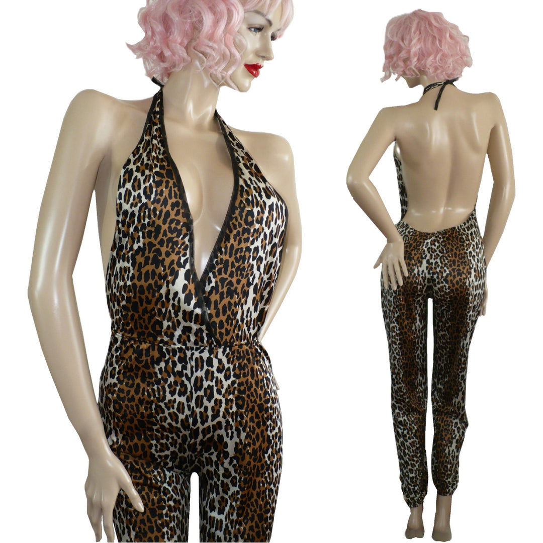 1970s Vintage Halter Top Sex Kitten Lusty Leopard Jumpsuit Lounger.