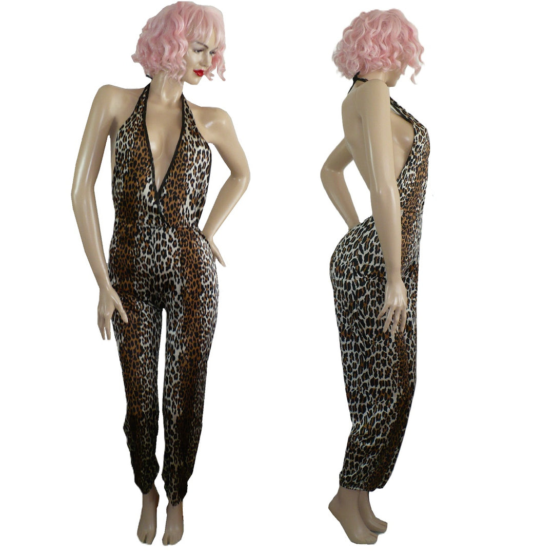 1970s Vintage Halter Top Sex Kitten Lusty Leopard Jumpsuit Lounger.