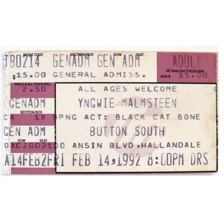 Yngwie Fire and Ice Tour Ticket 1992 Black Cat Bone