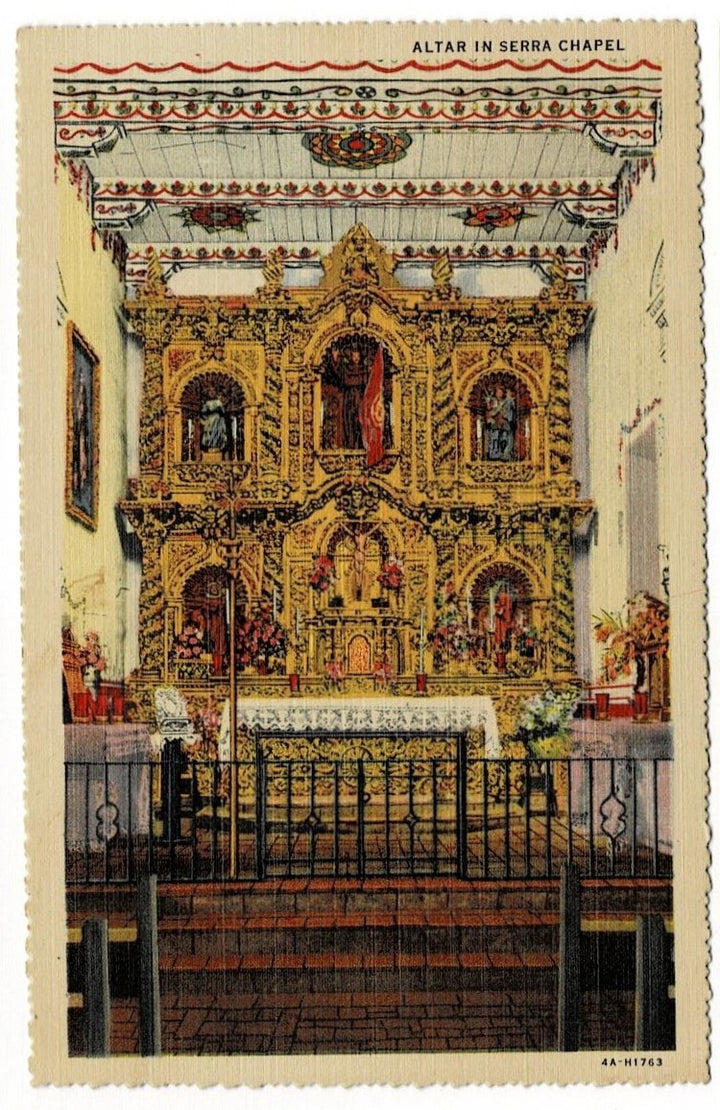 1953 Serra Chapel Mission Altar San Juan CA Postcard