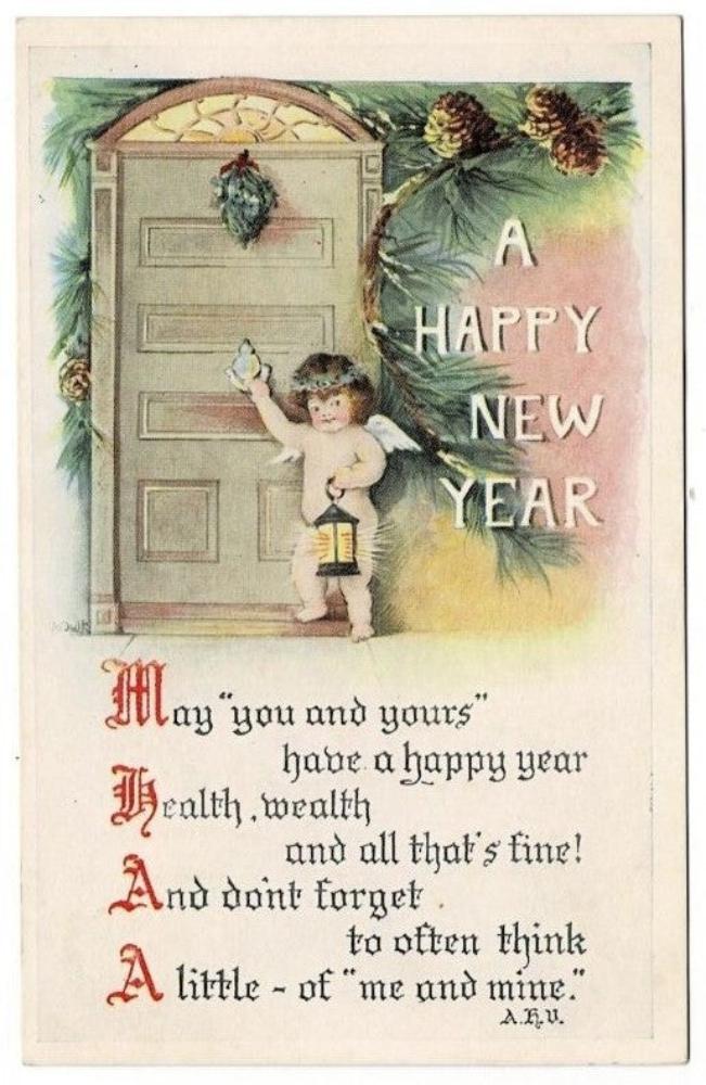 1916 Cherub at Door Happy New Year