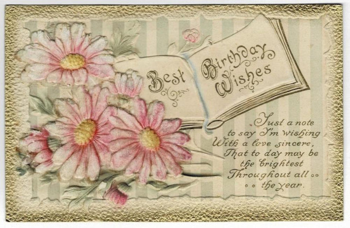 1910 Flocked Pink Daisies Birthday Wishes