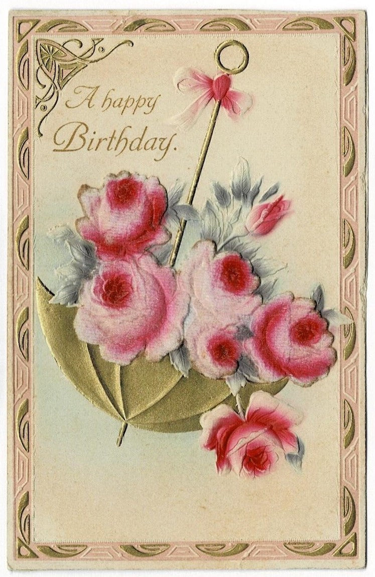1910 Flocked Pink Roses Birthday Postcard