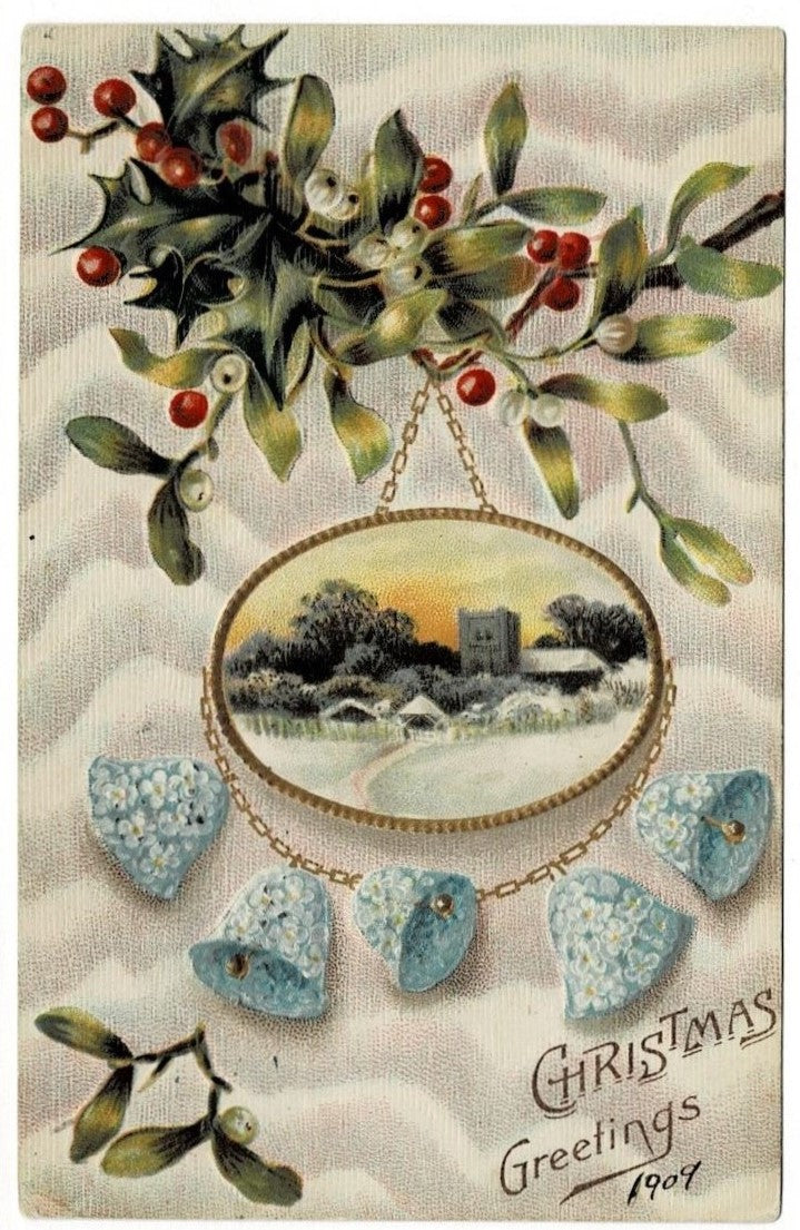 1909 Blue Christmas Bells Winter Scene Postcard