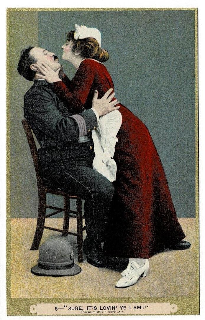 1909 London Policeman & Edwardian Maid Kissing Postcard