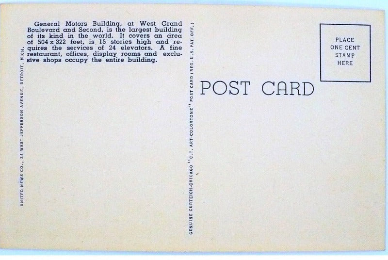 1938 General Motors Building Detroit MI Postcard
