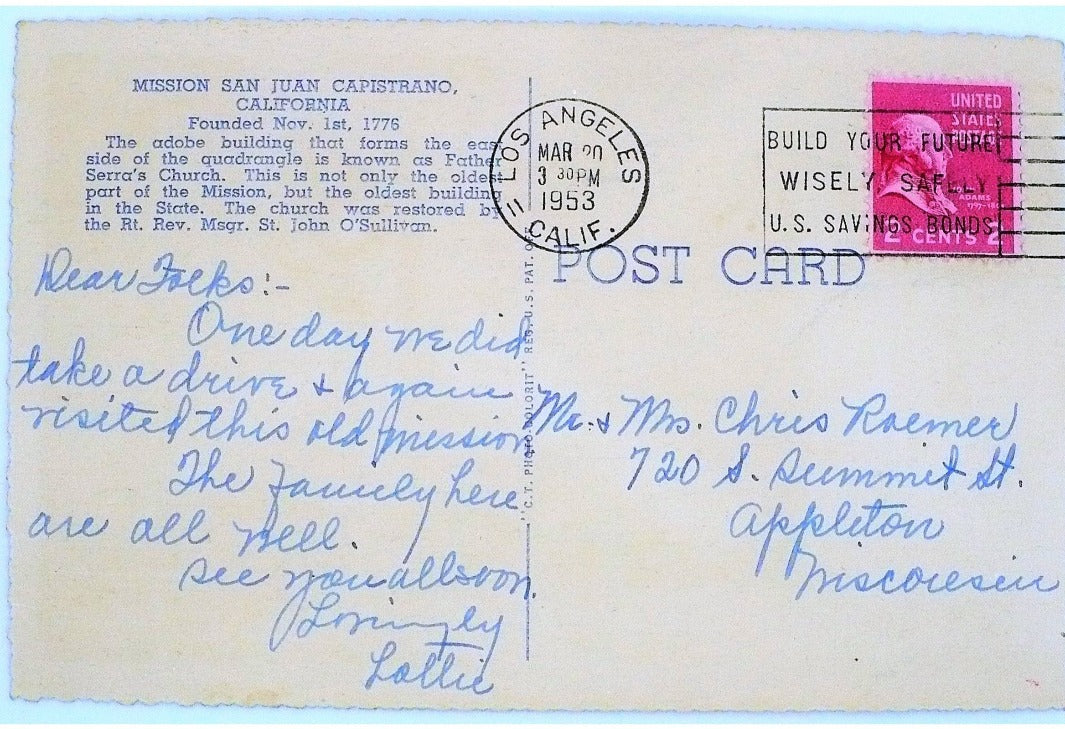 1953 Serra Chapel Mission Altar San Juan CA Postcard