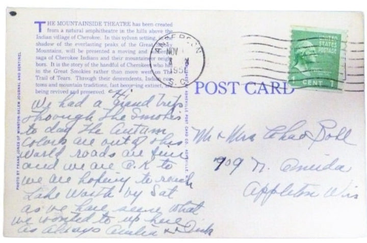 1951 Cherokee Indian Reservation North Carolina  Postcard